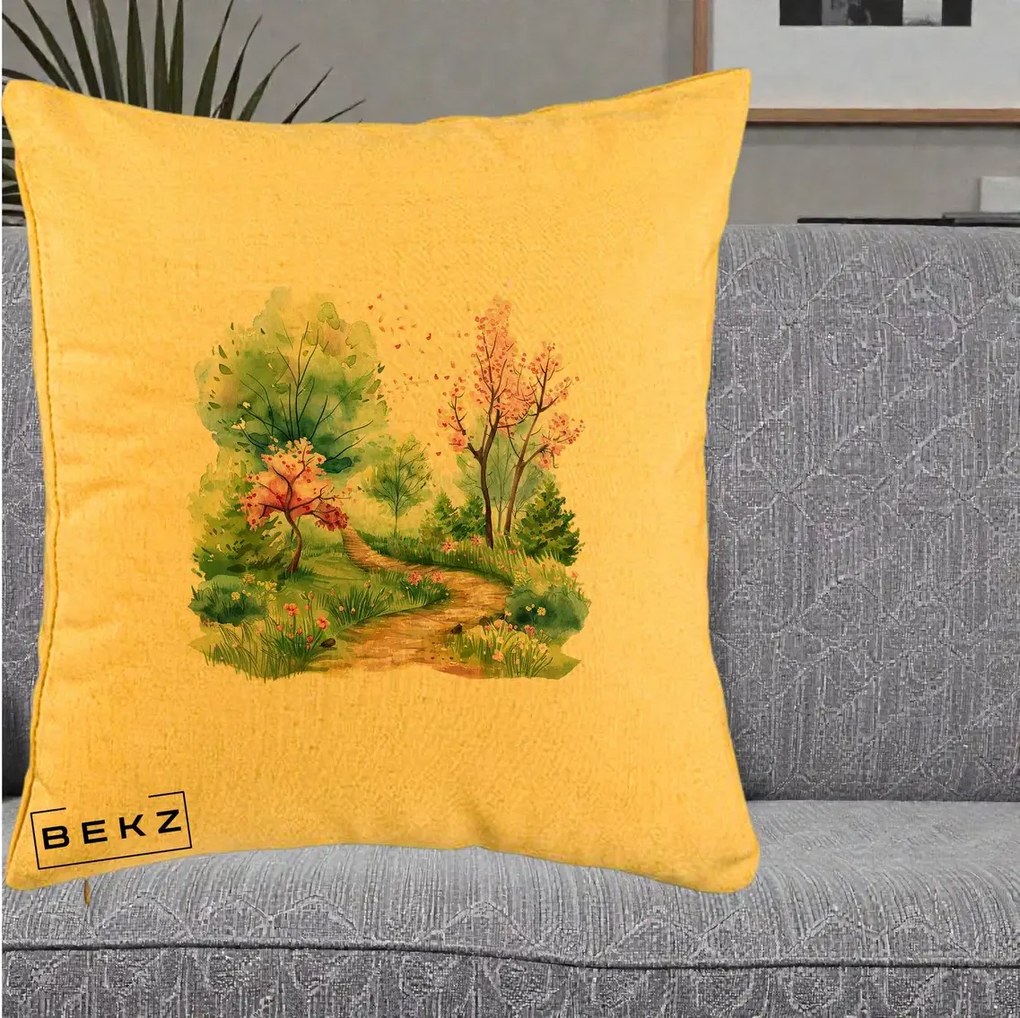 Perna Decorativa Gradina Primavara Acuarela, 40x40 cm, Galben, Husa Detasabila, Perna Inclusa, BEKZ®