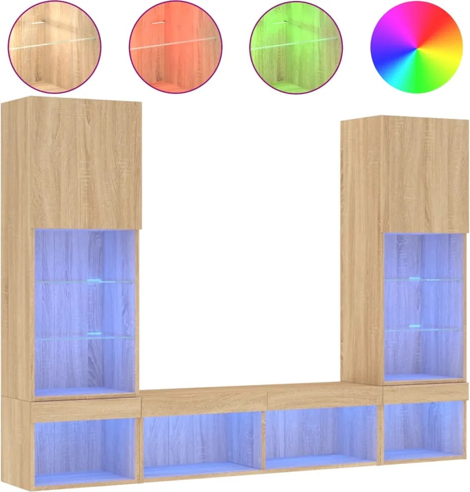 vidaXL Unități de perete TV cu LED-uri, 5 piese, stejar sonoma, lemn