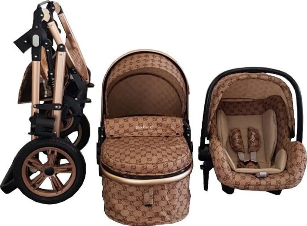 Carucior nou nascuti 3 in 1 Baby Care™ PRO 530 , Cu geanta bebe, Cadru Aluminiu Gold, Amortizoare, Roti din cauciuc plin AVE, Landou, Scoica auto,