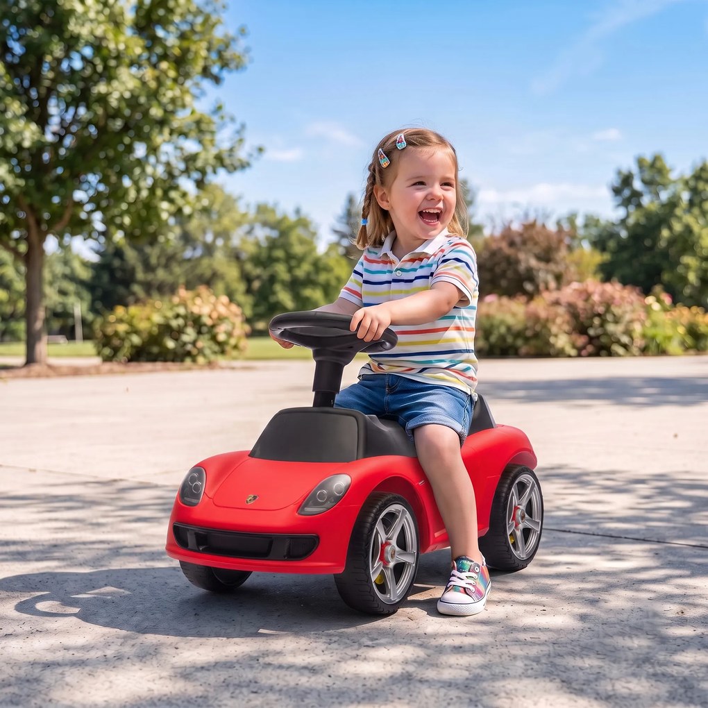 AIYAPLAY Mașinuță de Împins pentru Copii cu Licență Porsche, Claxon, Faruri și Sunet de Pornire, PP, Roșu | Aosom Romania