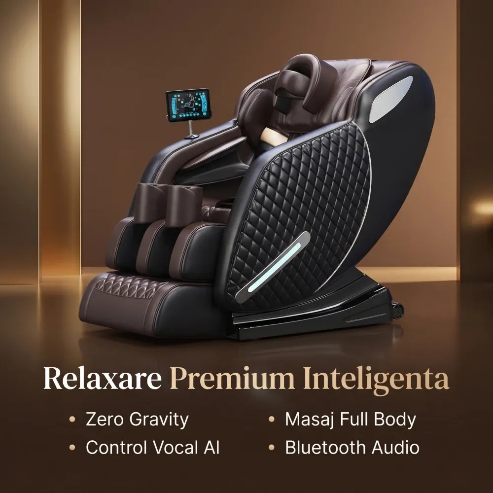 Fotoliu masaj IGNIUS, AI Voice, Incalzire, Bluetooth, Tableta ecran tactil color, Zero Gravity, 2 Boxe, Moduri Automate, Reglarea intensității masajului, Piele PU Premium, Negru