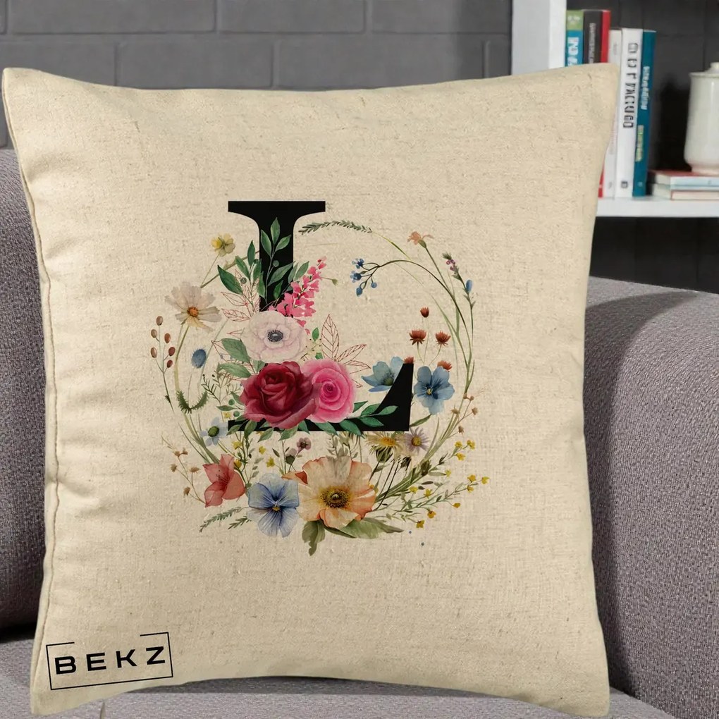 Cadou Personalizat - Perna Personalizata Monogram Litera L cu Flori Acuarela, 40x40 cm, Bej, Husa Detasabila, Perna Inclusa, BEKZ®