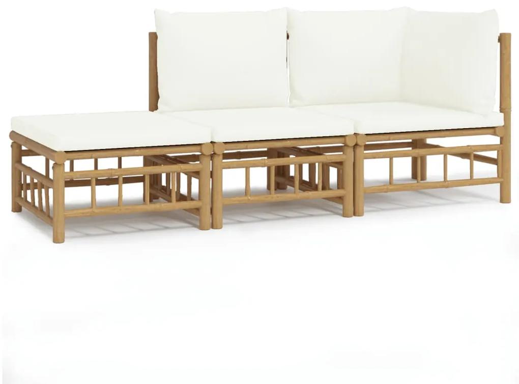 3155204 vidaXL Set mobilier de grădină, cu perne alb crem, 3 piese, bambus