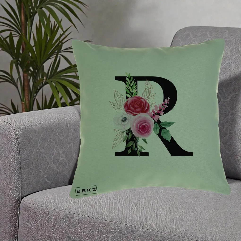 Cadou Personalizat - Perna Personalizata Monograma Florala Litera R, 40x40 cm, Verde, Husa Detasabila, Perna Inclusa, BEKZ®