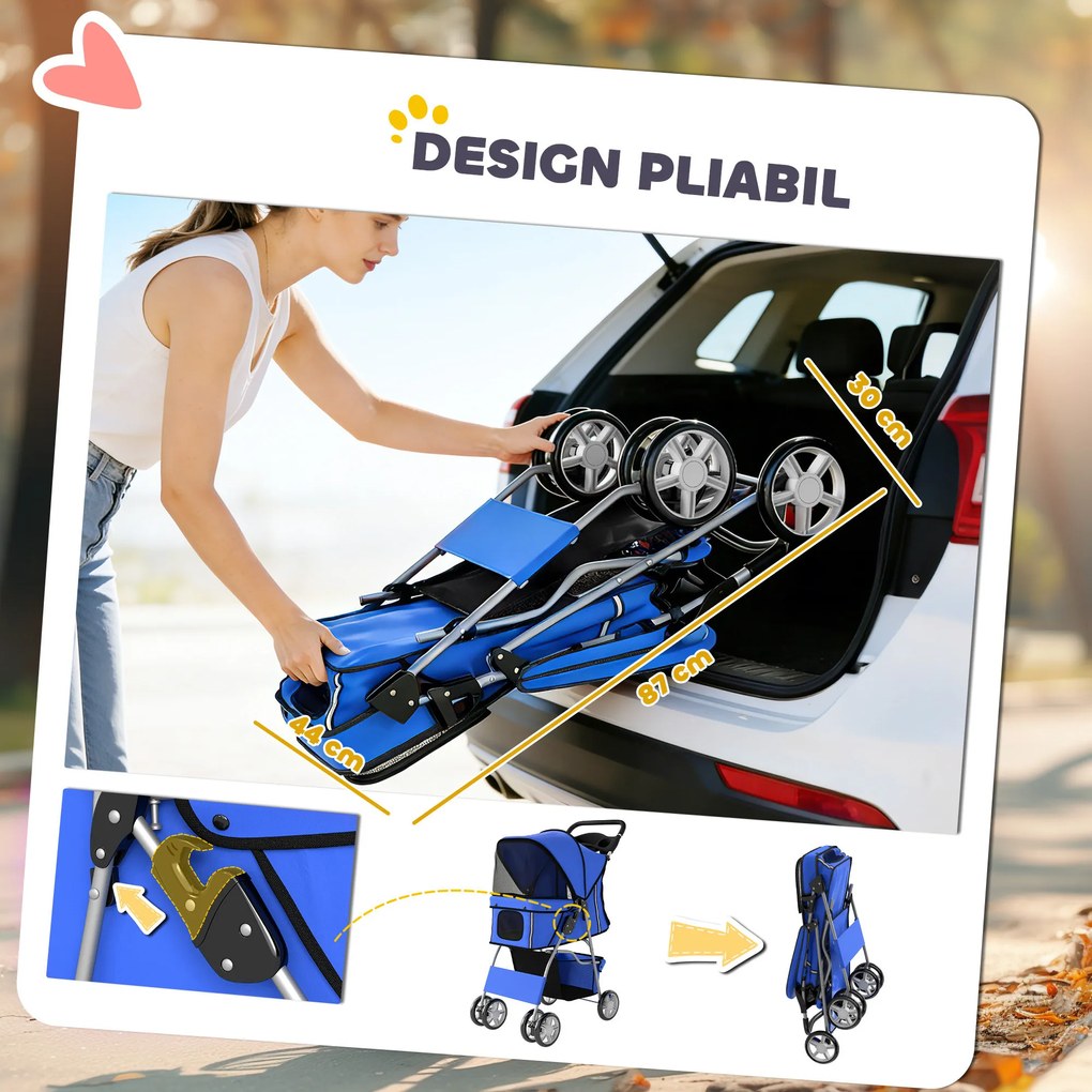 PawHut Cărucior pentru Câini Pliabil cu Benzi Reflectorizante, Roți Rotative, Frâne și Pernă Lavabilă, Albastru | Aosom Romania