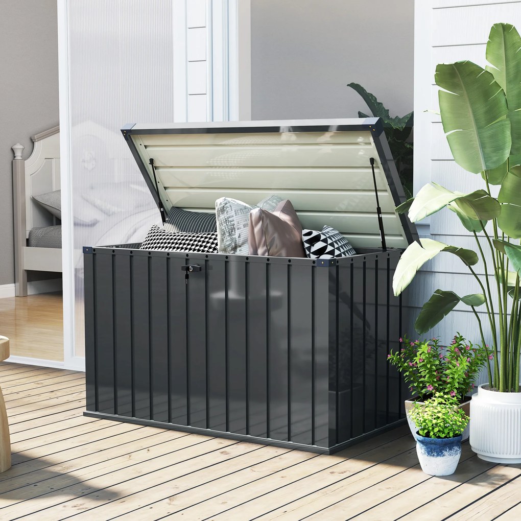 Outsunny Ladă de Exterior de 400L cu Capac cu Două Pârghii, Încuietoare și 2 Chei, 124x66x72 cm, Gri Închis | Aosom Romania