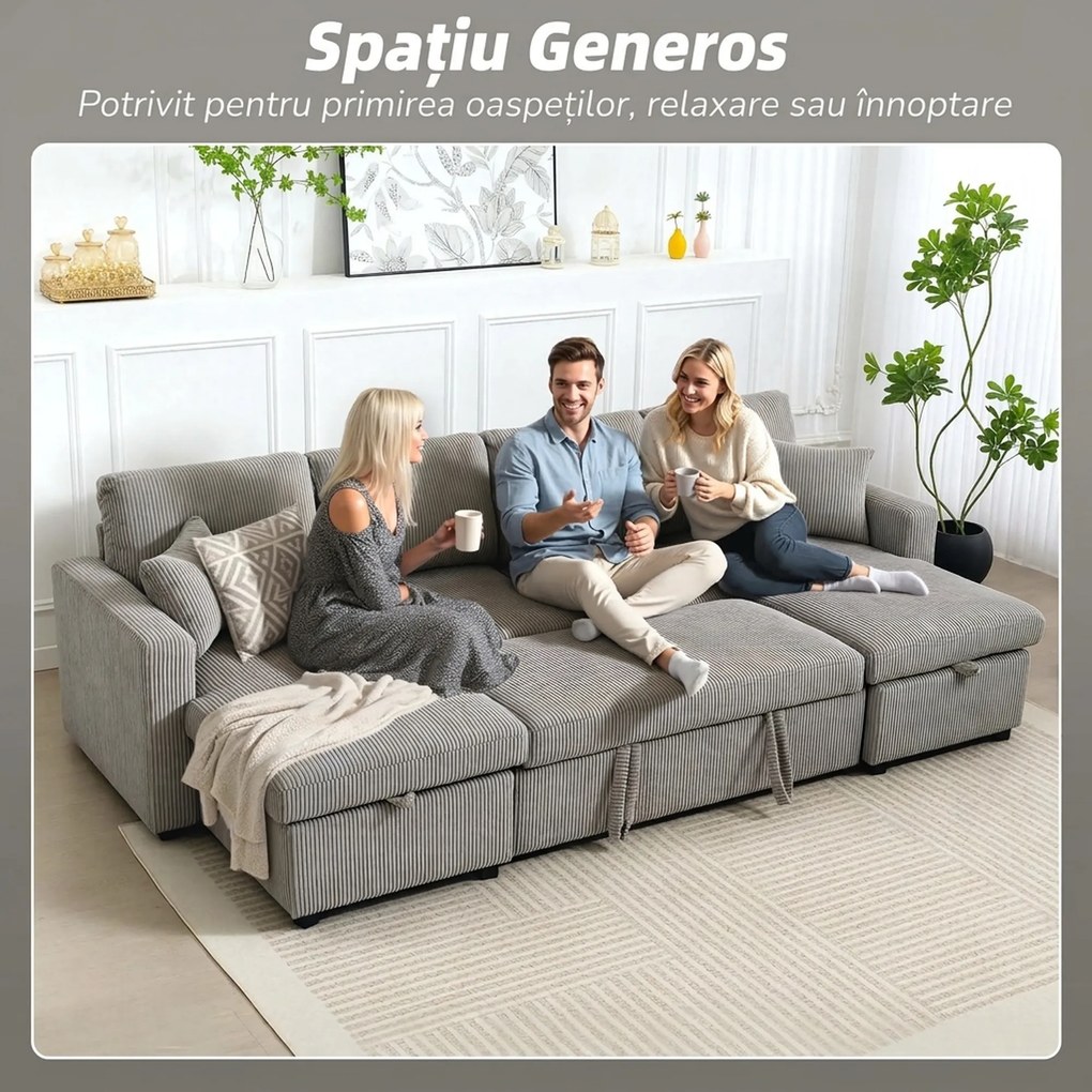 HOMCOM Canapea Extensibilă Modernă în Formă de U și Spații de Depozitare, Catifea Reiată, 282x140x86 cm, Gri | Aosom Romania