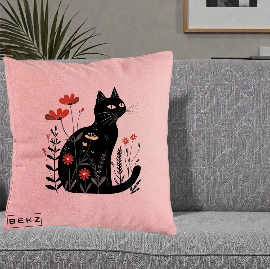 Perna Decorativa Pisica Neagra Flori Rosii Folk, 40x40 cm, Roz, Husa Detasabila, Perna Inclusa, BEKZ®