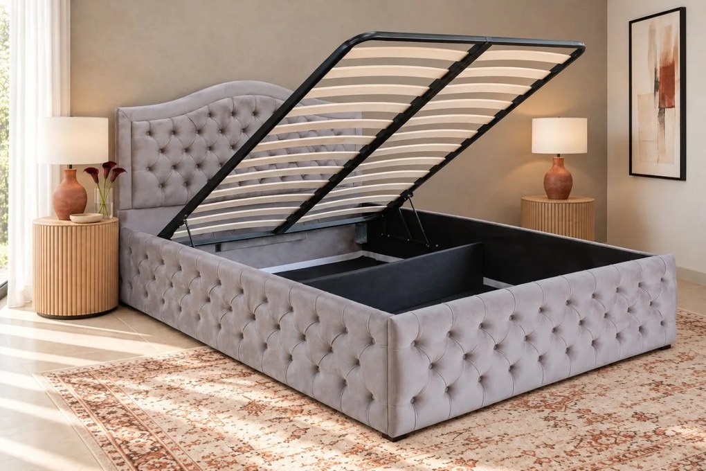 Pat tapițat Chesterfield din catifea Solaria Deluxe 180×200 cm, gri deschis, cu ladă de depozitare