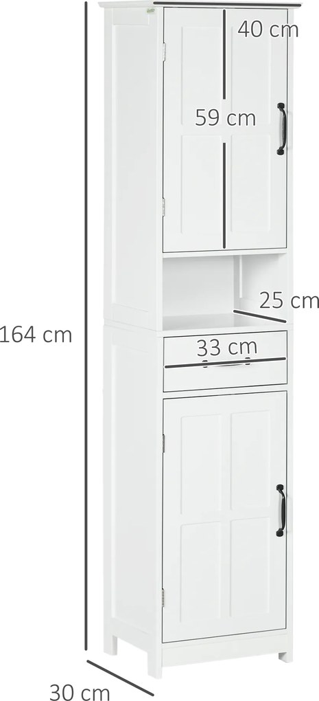 kleankin Dulap Modern pentru Baie, Mobilier Îngust cu Raft Deschis, Sertar, Uși Încastrate și Rafturi Ajustabile Alb | Aosom Romania