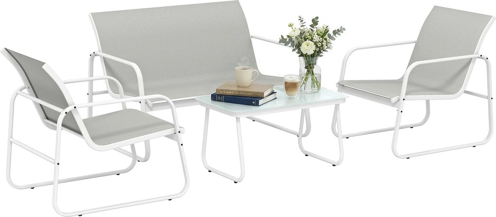 Outsunny Set de grădină exterior de 4 piese cu canapea de 2 locuri, 2 fotolii, masă cu sticlă securizată, textilene gri deschis | Aosom Romania