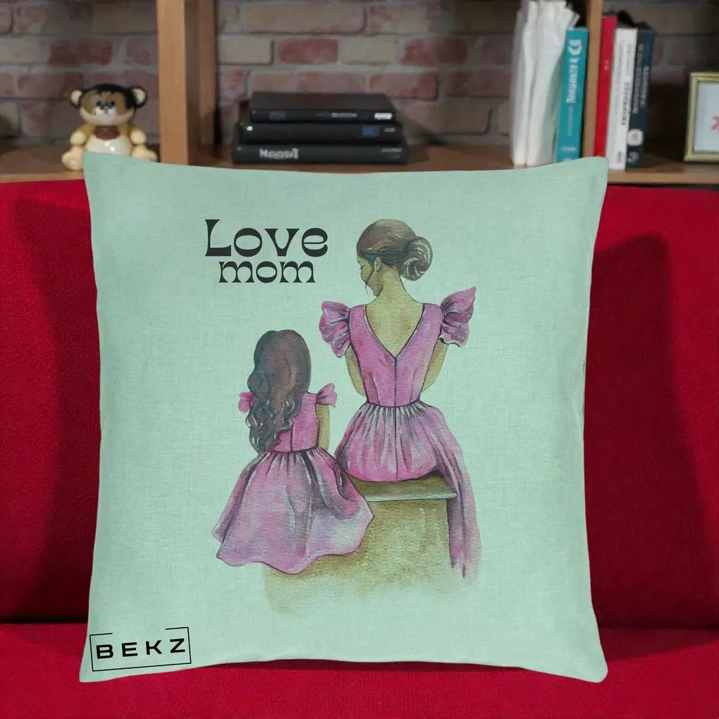 Cadou pentru Mama - Perna Personalizata Love Mom Rochii Roz, 40x40 cm, Verde Menta, Husa Detasabila, Perna Inclusa, BEKZ®