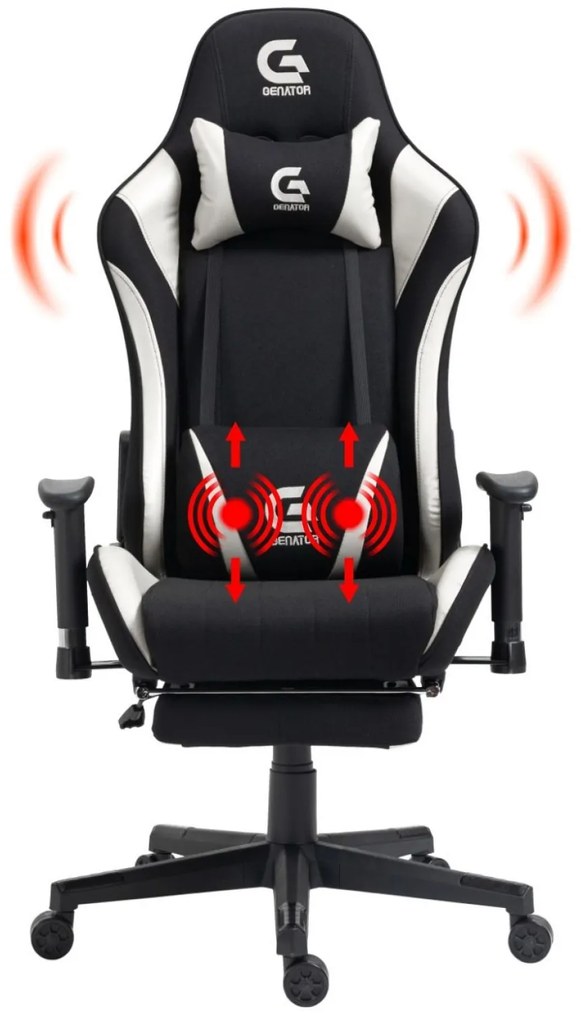 Scaun gaming cu masaj în perna lombară, suport picioare, funcție sezlong, SIG 5035, material textil, Negru/Alb,