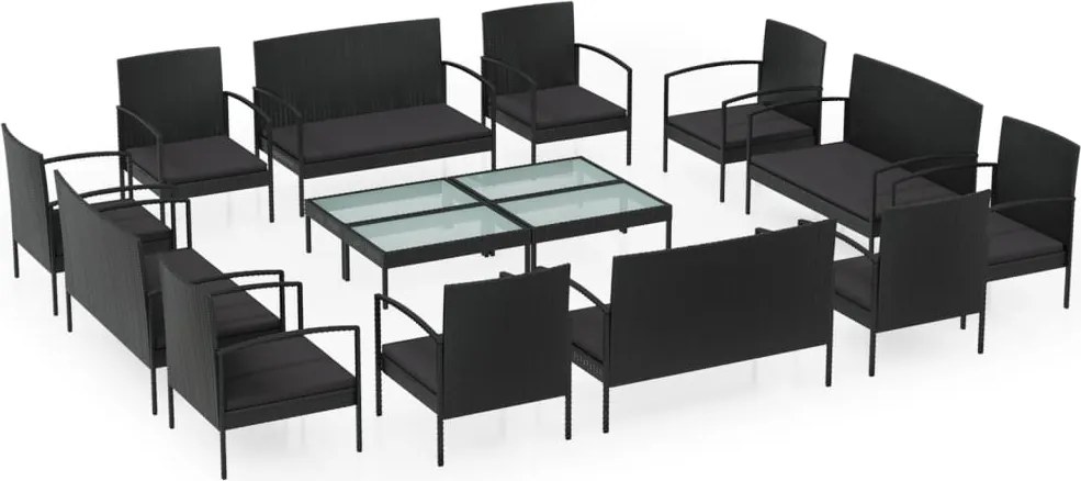 vidaXL Set mobilier de grădină cu perne, 16 piese, negru, poliratan