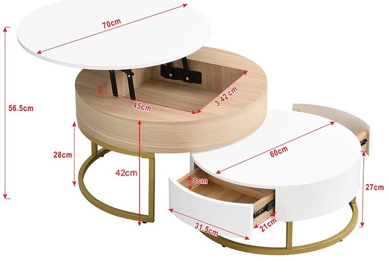Set de Măsuțe de Cafea Suprapozabile Reglabile pe Înălțime cu Două Sertare, Design Elegant din MDF, 70x70x42/56,5 + 60x60x24 cm, Alb