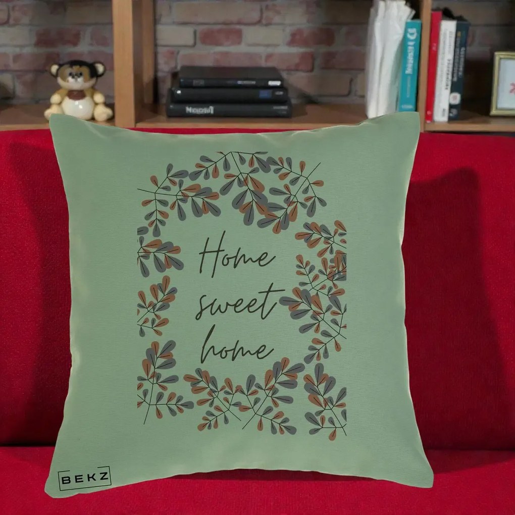 Perna Decorativa Home Sweet Home Frunze Colorate, 40x40 cm, Verde, Husa Detasabila, Perna Inclusa, BEKZ®