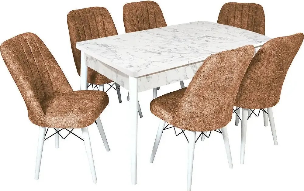 Set masa si 6 scaune colare masa marmurat bej scaune tapitat maro