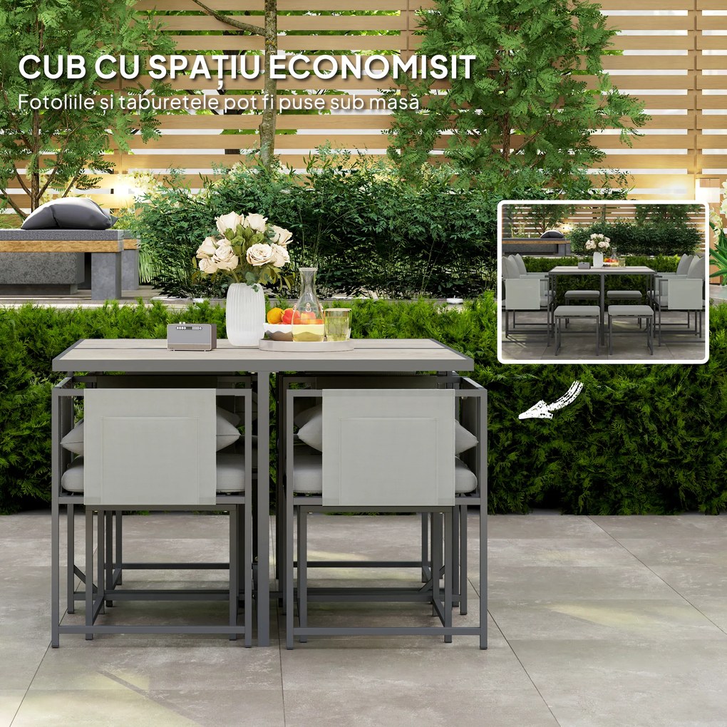 Outsunny Set Mobilier de Grădină din 9 Piese cu Masă, 4 Fotolii și 4 Scaune, 110x110x75 cm, Gri | Aosom Romania