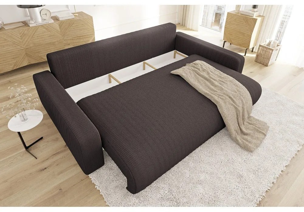 Canapea maro extensibilă, cu spațiu de depozitare, cu tapițerie din catifea reiată 234 cm Sara – Ropez