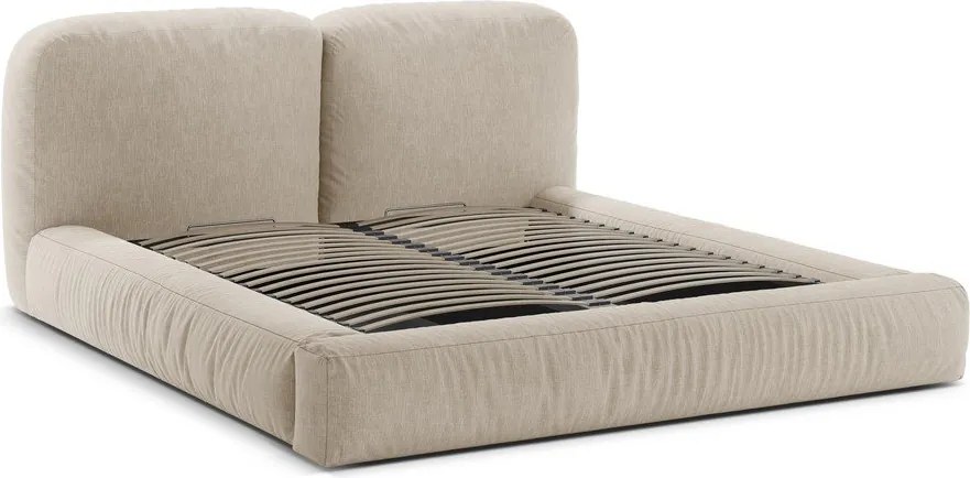 Pat matrimonial bej tapițat cu spațiu de depozitare cu somieră 200x200 cm Martina – Micadoni