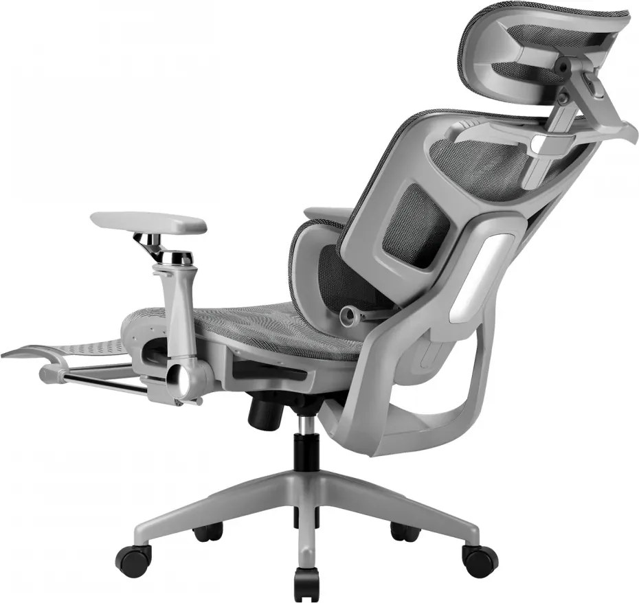 Scaun ergonomic, translatie sezut, cotiere 6D, tetiera 3D, suport lombar reglabil, pivotant, suport pentru picioare, Gri