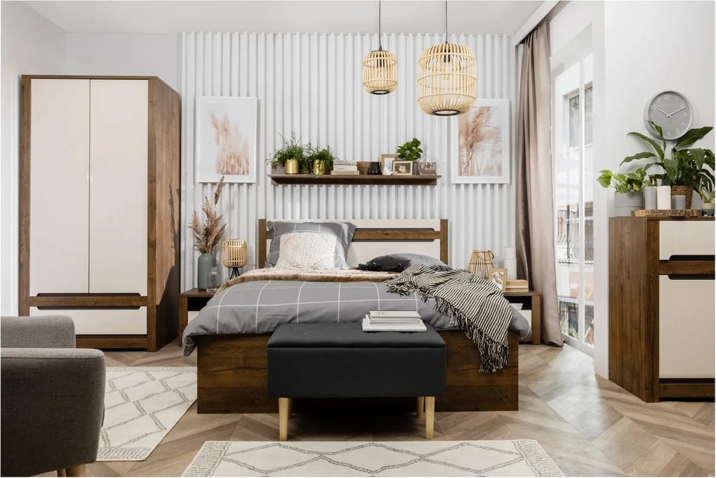 Set dormitor RUSO, stejar april/alb perla, pat 160x200, dulap cu 2 usi