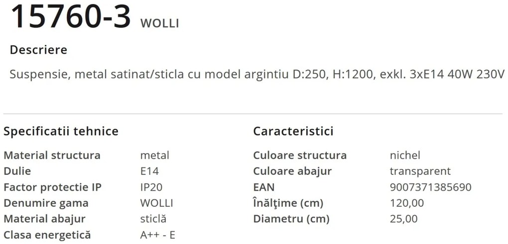 Lustra moderna cu 3 pendule WOLLI nichel/transparent 15760-3 GL