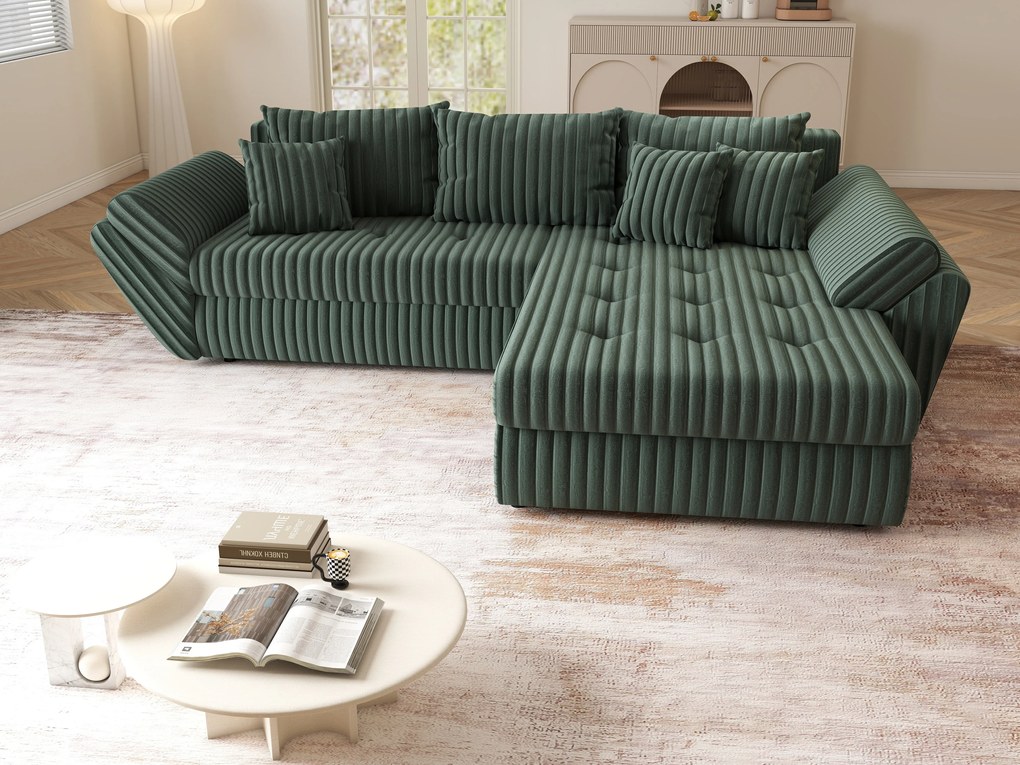 Colțar extensibil dumonde cu ladă de depozitare si sezut confortabil din spuma high-density, Loana Ambience Green II 270x185 cm