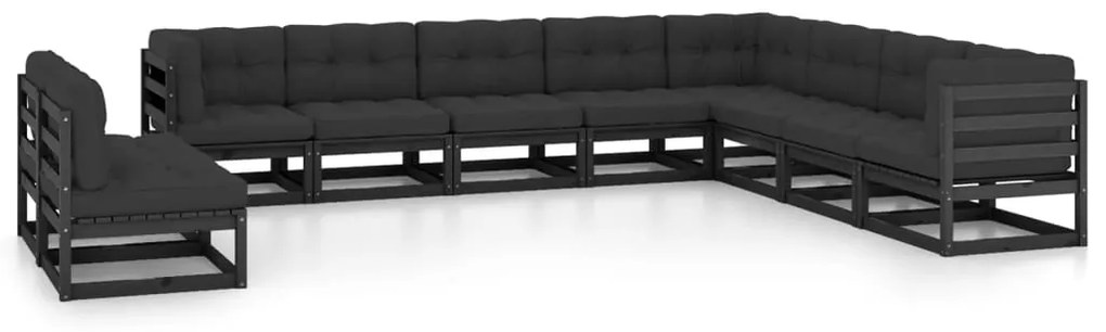 vidaXL Set mobilier grădină cu perne, 10 piese, negru, lemn masiv pin