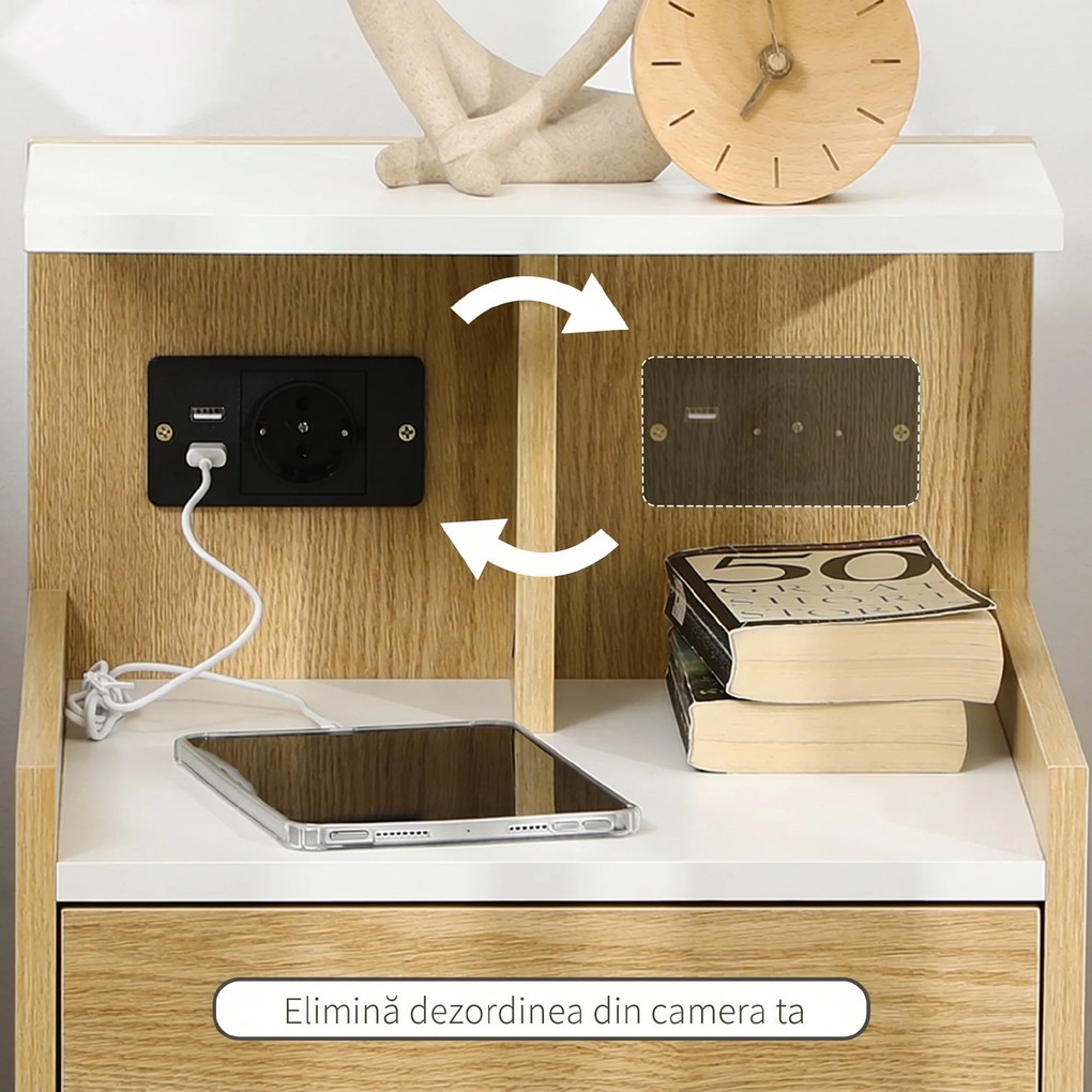 HOMCOM Noptieră Modernă cu Prize USB și Sertar, 40x40x60cm, Lemn Natural | Aosom Romania