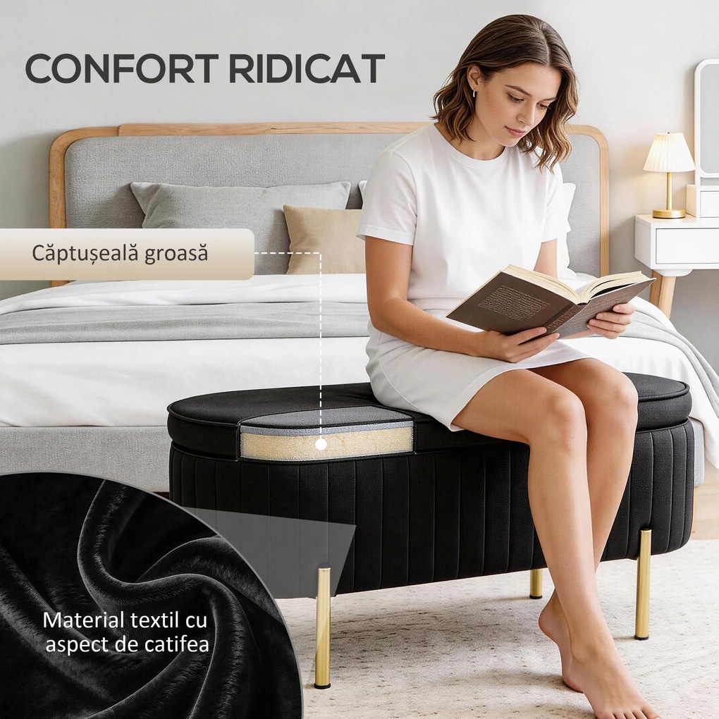 HOMCOM Bancă de Depozitare Ovală 72L cu Capac Rabatabil, din Catifea și Lemn, 108 x 44 x 43,5 cm, Negru | Aosom Romania