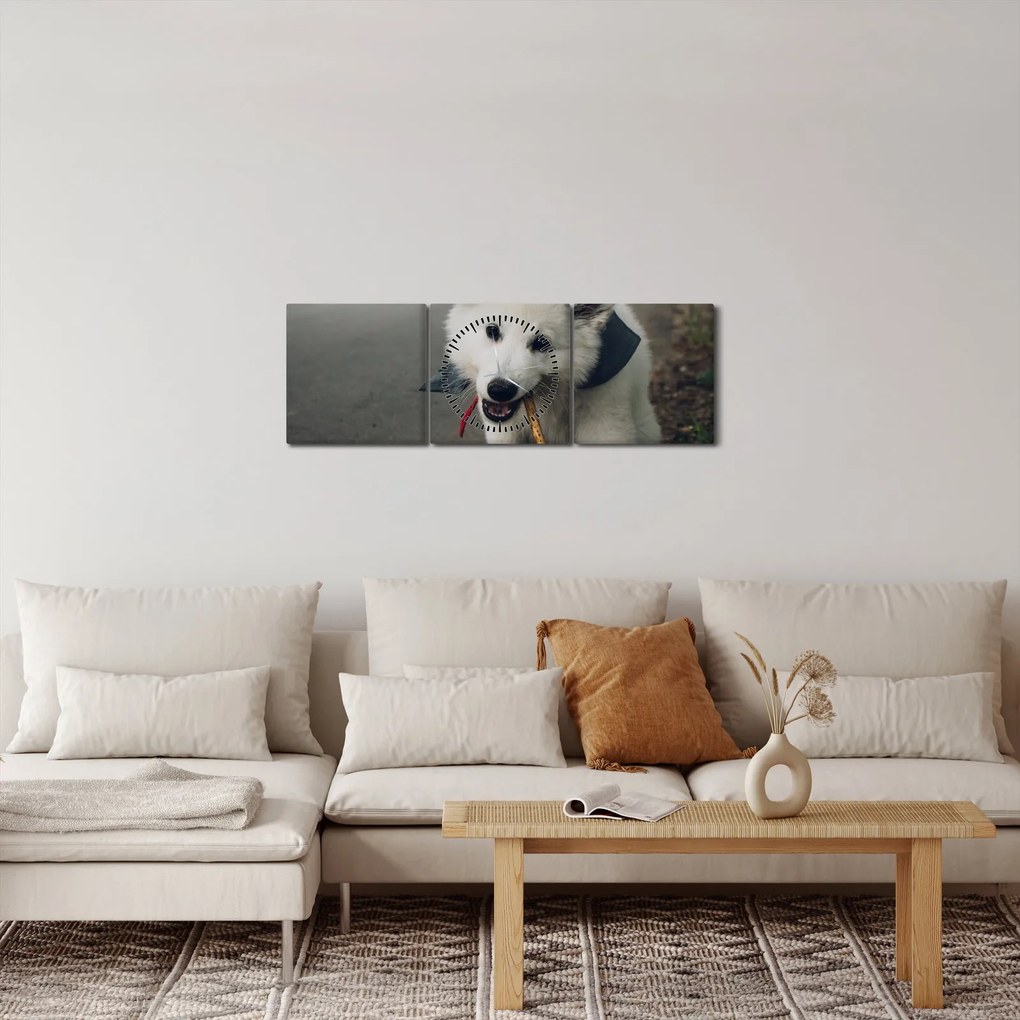 Tablou cu câinele alb (cu ceas) (90x30 cm)