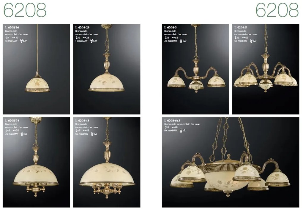 Candelabru cu 6 brate din alama cu sticla decorata design italian 6208