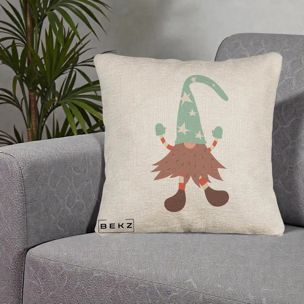 Perna Decorativa Pitic Gnom Nordic cu Cadou Menta, 40x40 cm, Bej Canapea, Husa Detasabila, Perna Inclusa, BEKZ®