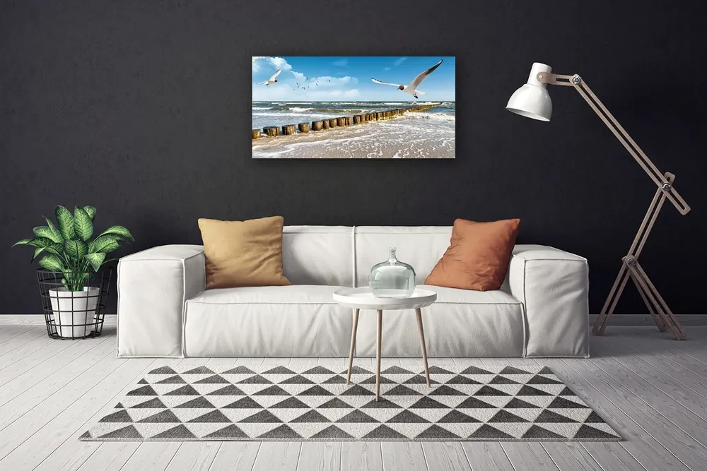 Tablou pe panza canvas Seagulls Sea Peisaj Gri Albastru Alb