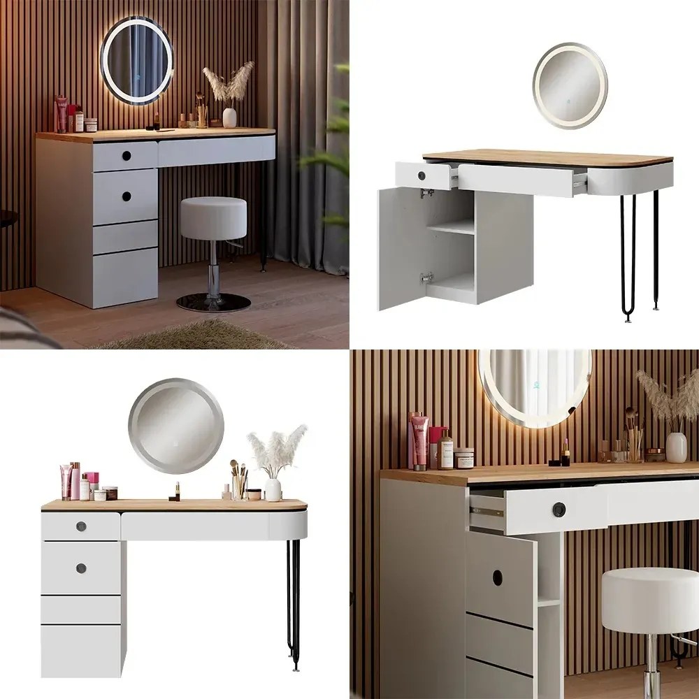 SEA808 - Set Masa toaleta 120 cm, cosmetica, machiaj, oglinda cu LED, masuta vanity - Alb - Negru - Culoarea Stejar