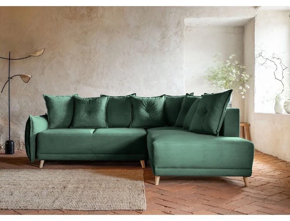 Colțar verde extensibil cu tapițerie din catifea reiată (colț dreapta) Lazy Lukka – Miuform