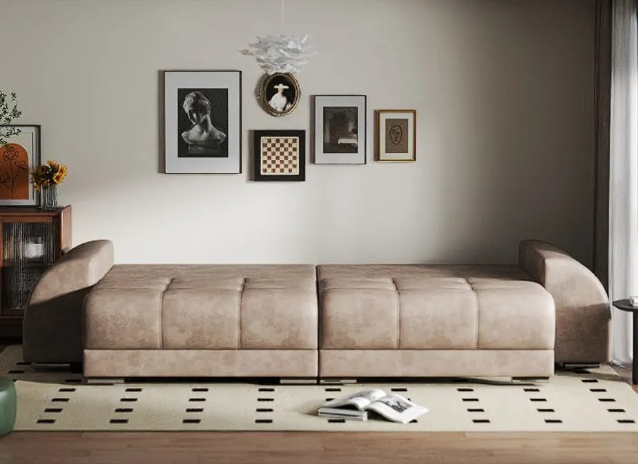 Canapea extensibilă dumonde cu 2 lăzi de depozitare si sezut confortabil din spuma high-density, Verona Tobago Beige 310x100 cm