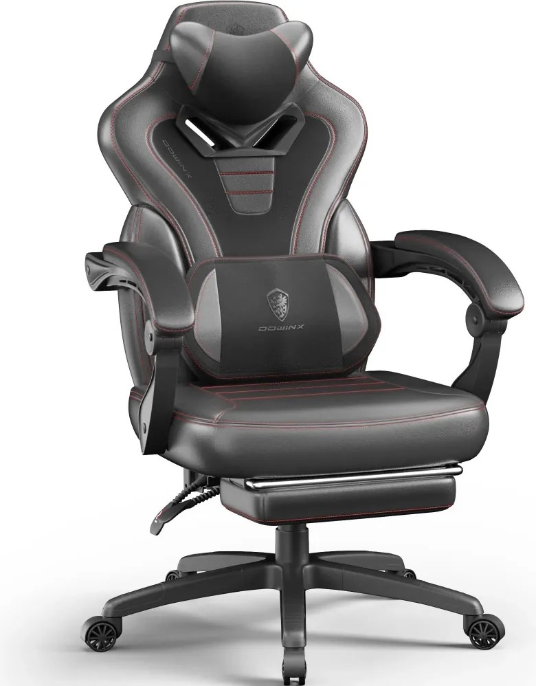 DOWINX Scaun gaming, ergonomic, suport lombar cu masaj, Șezut cu Arcuri Metalice și Spumă, Spătar înalt, rabatabil 90°-145°, Buzunar depozitare, Suport picioare, rezistent 150 kg, material PU respirabil, Negru