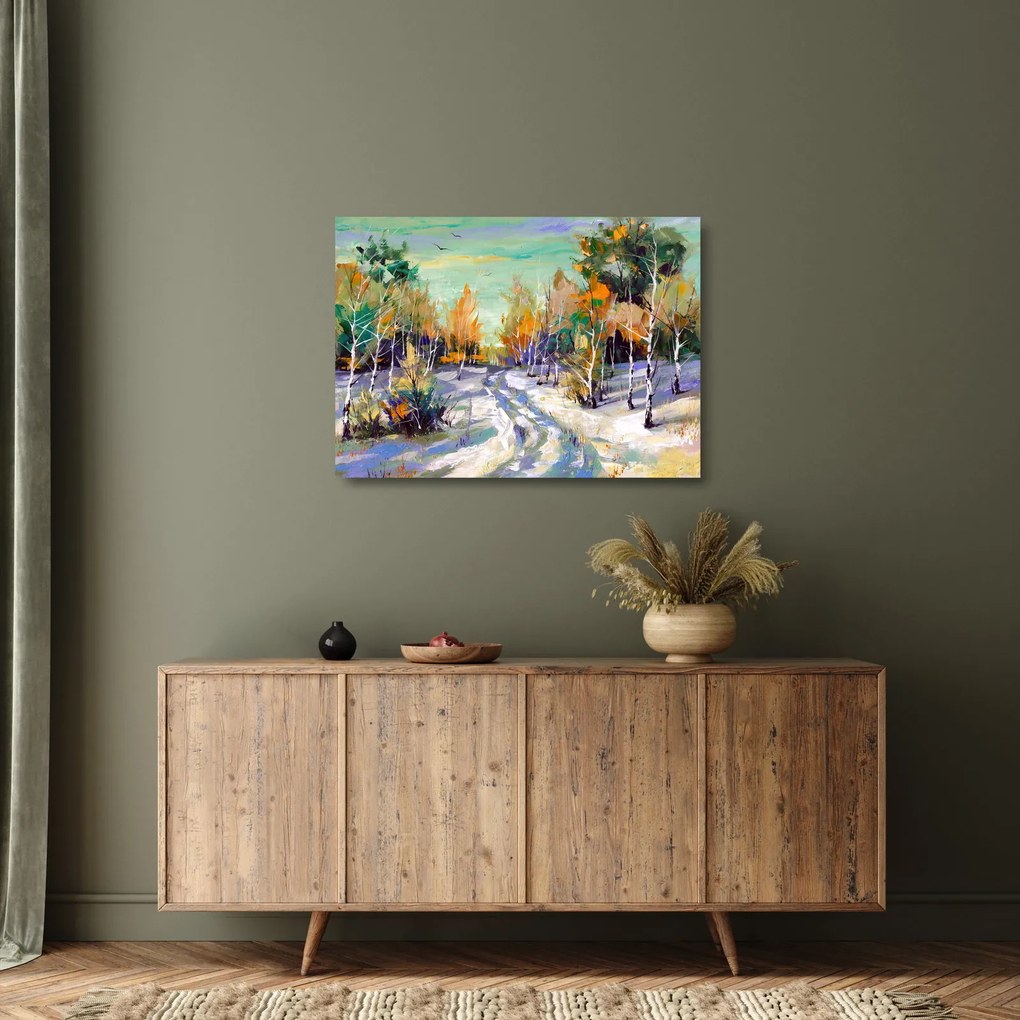 Tablou pe sticlă - Drum înzăpezit prin pădure (70x50 cm)