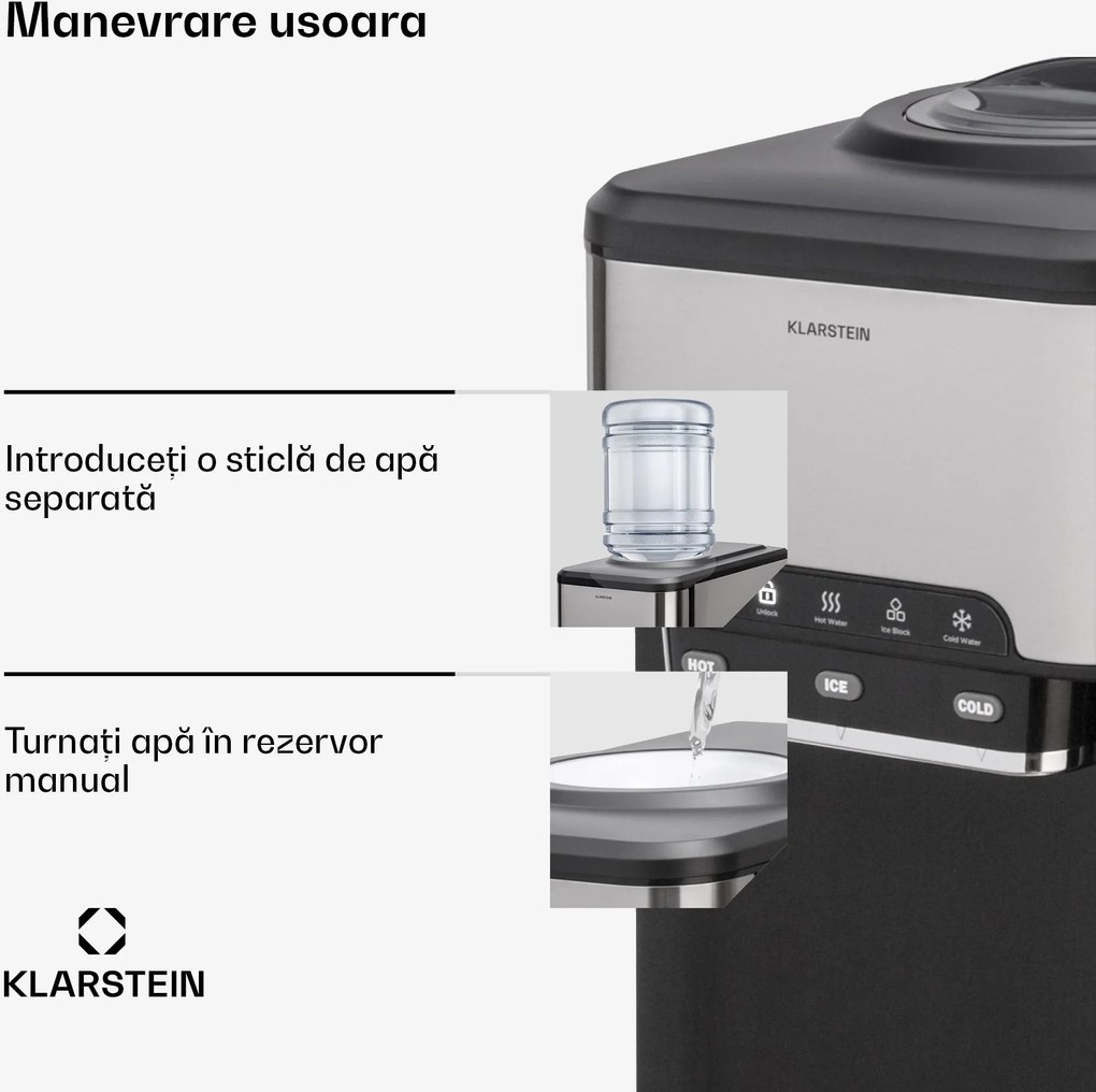 Klarstein Aqueous aparat de gheață 3 în 1: cuburi de gheață, distribuitor de apă: caldă și rece 20 kg/24h