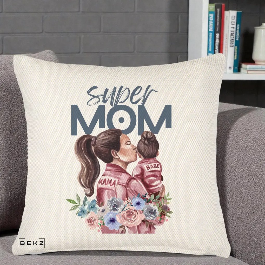 Cadou pentru Mama - Perna Personalizata Super Mom Mama cu Bebelusul, 40x40 cm, Crem Reliefat, Husa Detasabila, Perna Inclusa, BEKZ®