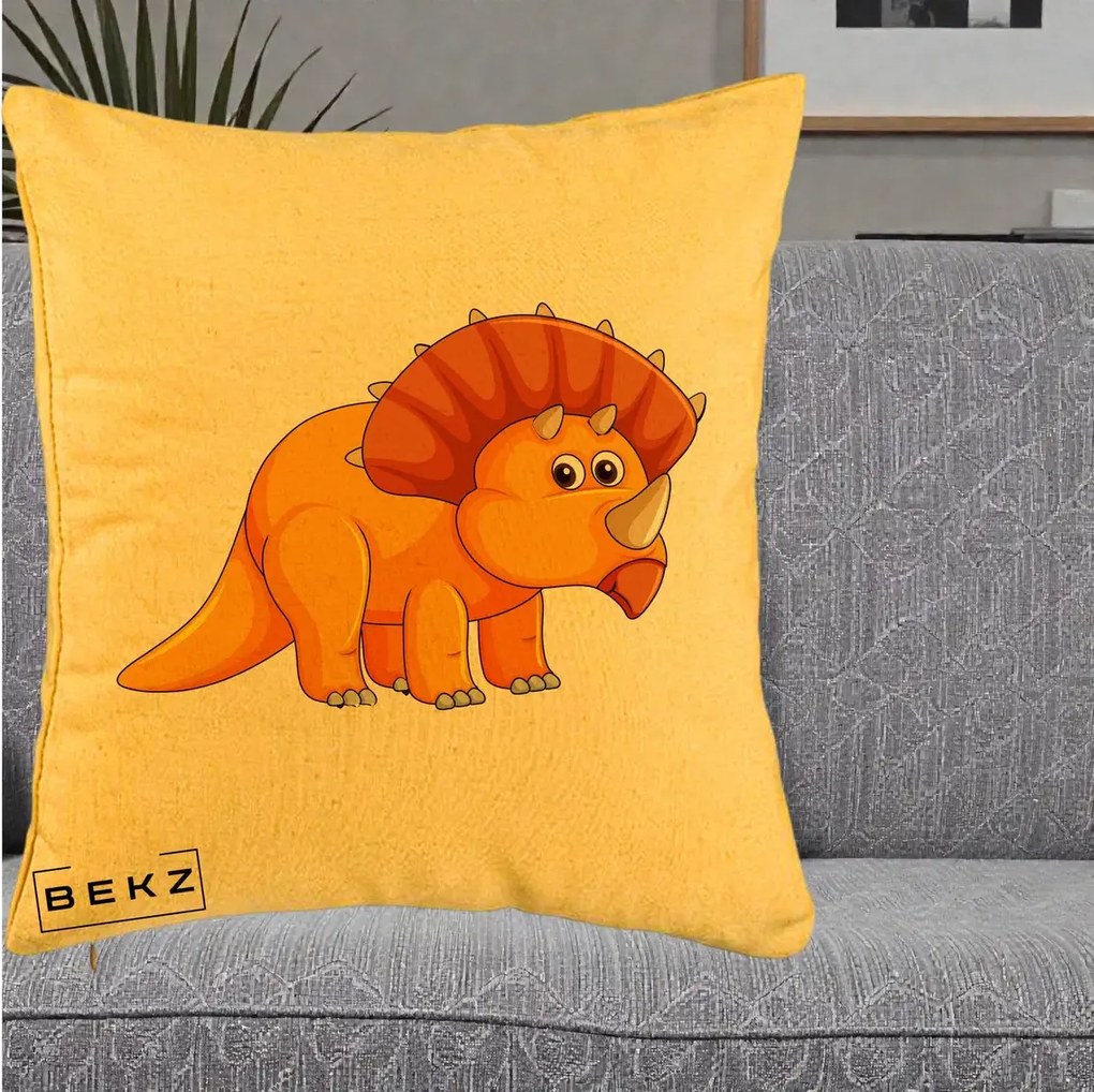 Perna Decorativa Triceratops Portocaliu, 40x40 cm, Galben, Husa Detasabila, Perna Inclusa, BEKZ®