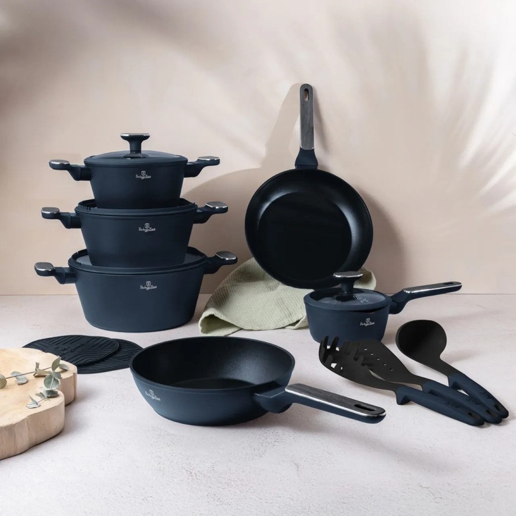 Set oale si tigai cu capace si ustensile 15 piese Deep Sea Berlinger Haus BH 8382, albastru mat, antiaderente, compatibile inductie