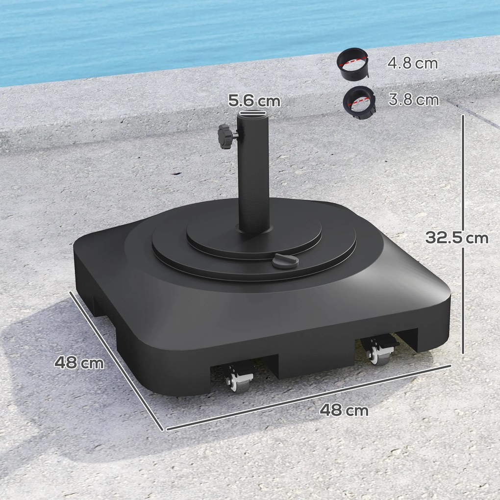 Outsunny Bază pentru Umbrelă cu Roți și 2 Frâne, Bază Reumplibilă din HDPE pentru Umbrelă cu Nisip 25 kg sau Apă 19 kg, pentru Stâlpi de Ø38/48 mm, 48x48x32,5 cm, Negru | Aosom Romania
