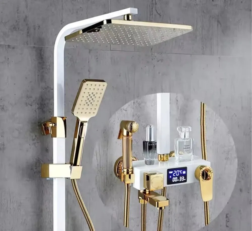 Coloană de duș, cu termostat, afișaj digital, 4 funcții, montare perete, alamă, Alb/Auriu, 8022