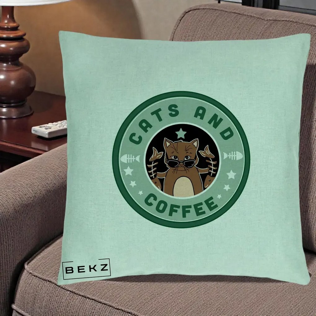 Perna Personalizata Cats and Coffee Starbucks, 40x40 cm, Verde Menta, Husa Detasabila, Perna Inclusa, BEKZ®