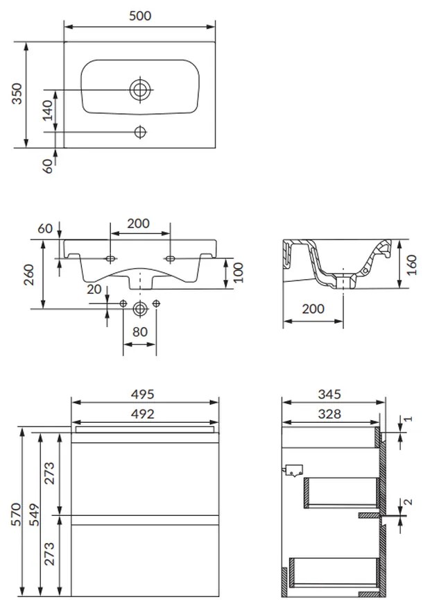 Set dulap baie suspendat 2 sertare cu lavoar inclus, 50 cm, antracit mat, Cersanit Moduo Slim 500x350 mm