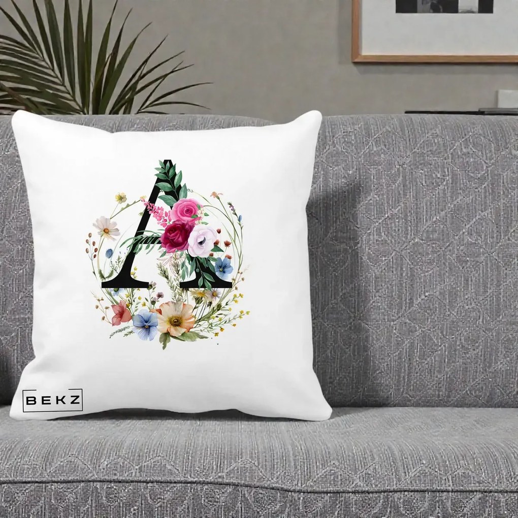 Cadou Personalizat - Perna Personalizata Monogram Litera A cu Flori Acuarela, 40x40 cm, Alba Mata, Husa Detasabila, Perna Inclusa, BEKZ®