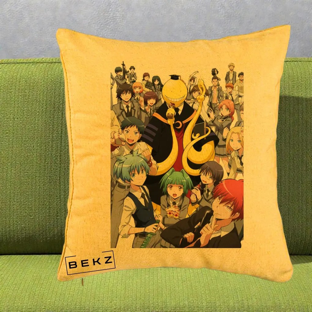 Perna Personalizata Assassination Classroom Grup Complet Anime, 40x40 cm, Galben, Husa Detasabila, Perna Inclusa, BEKZ®